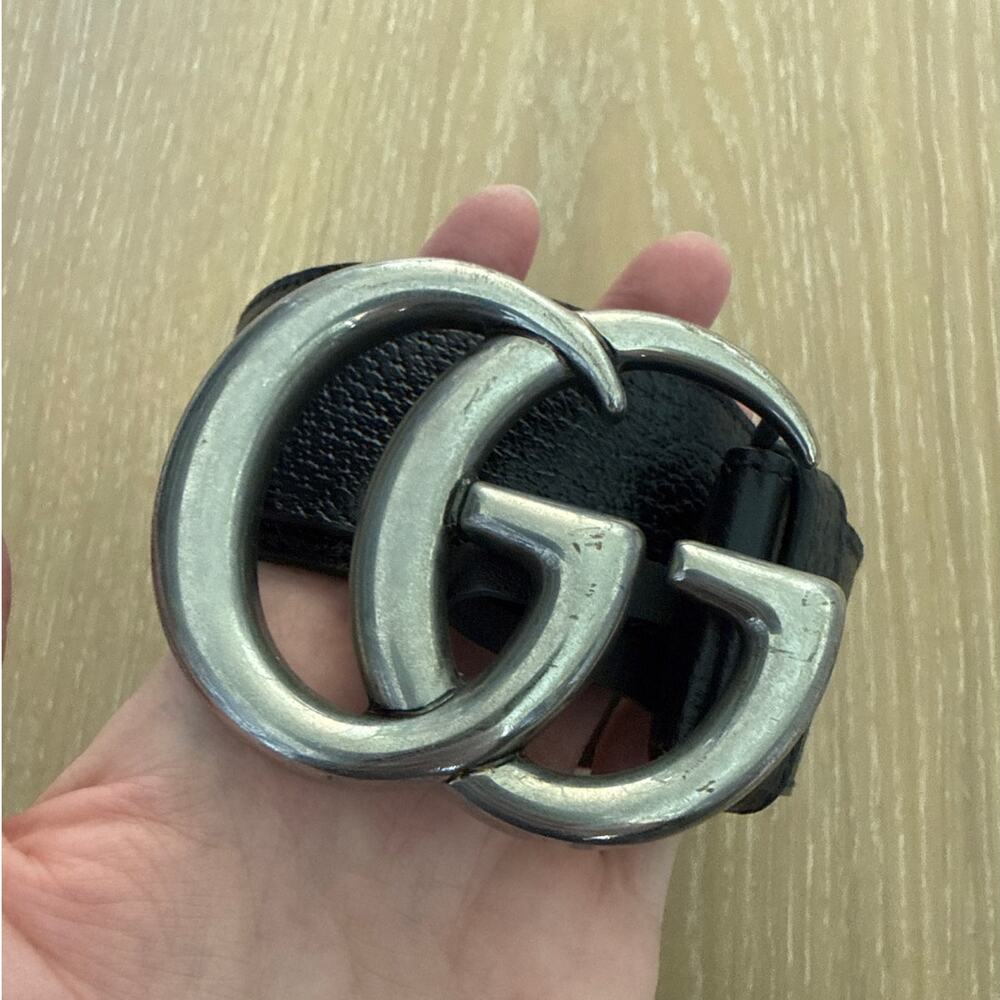 Gucci Belt GG Marmont Leather Black Antique Silver - Picture 2 of 5
